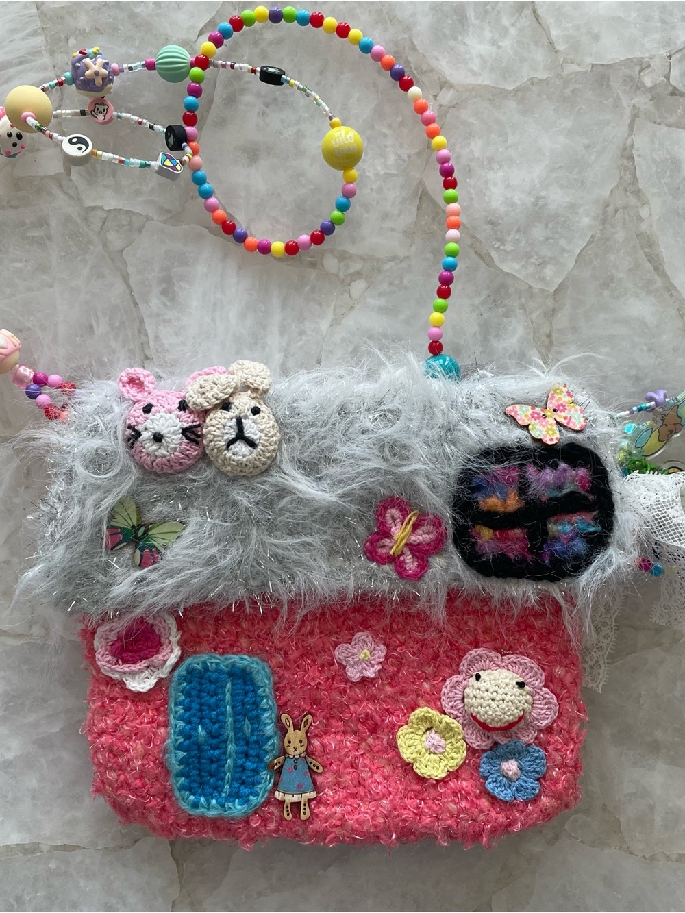 Cute Pink & Gray Fuzzy Crossbody Bag with Colorful Bead Strap
